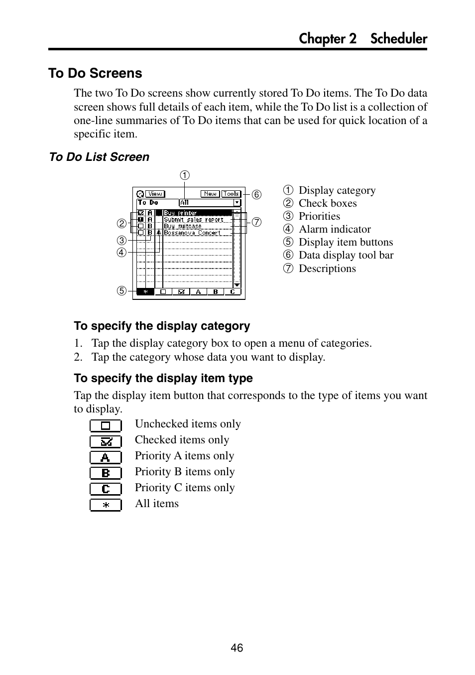 To do screens, Chapter 2 scheduler to do screens | Casio PV-S460/PV-S660 User Manual | Page 48 / 187