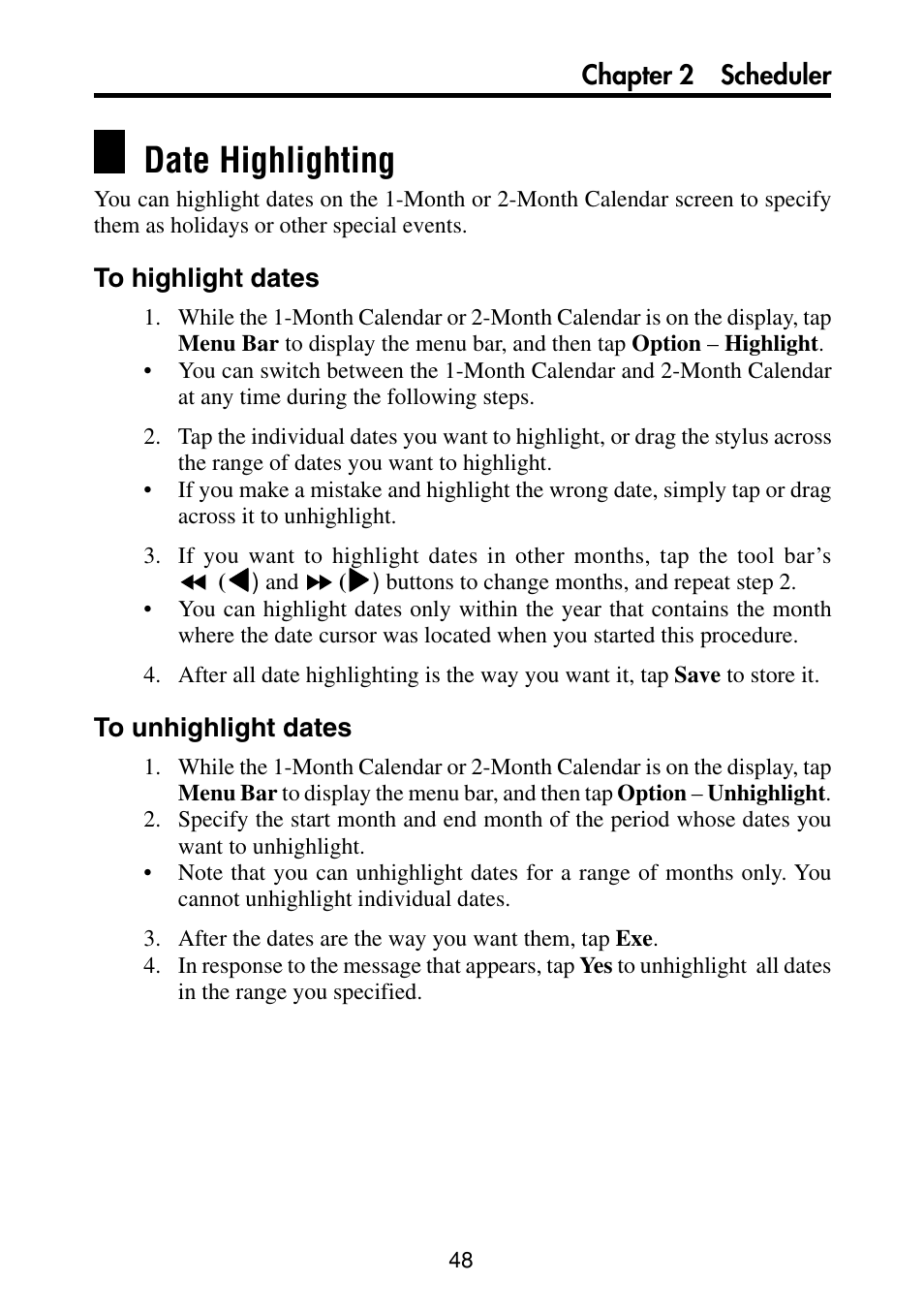 Date highlighting, To highlight dates, To unhighlight dates | Casio PV-S460/PV-S660 User Manual | Page 50 / 187