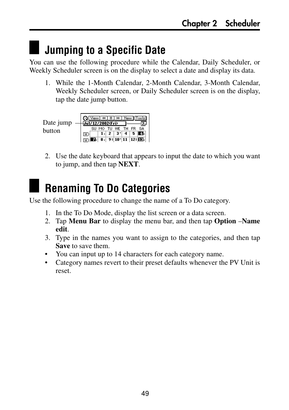 Jumping to a specific date, Renaming to do categories | Casio PV-S460/PV-S660 User Manual | Page 51 / 187