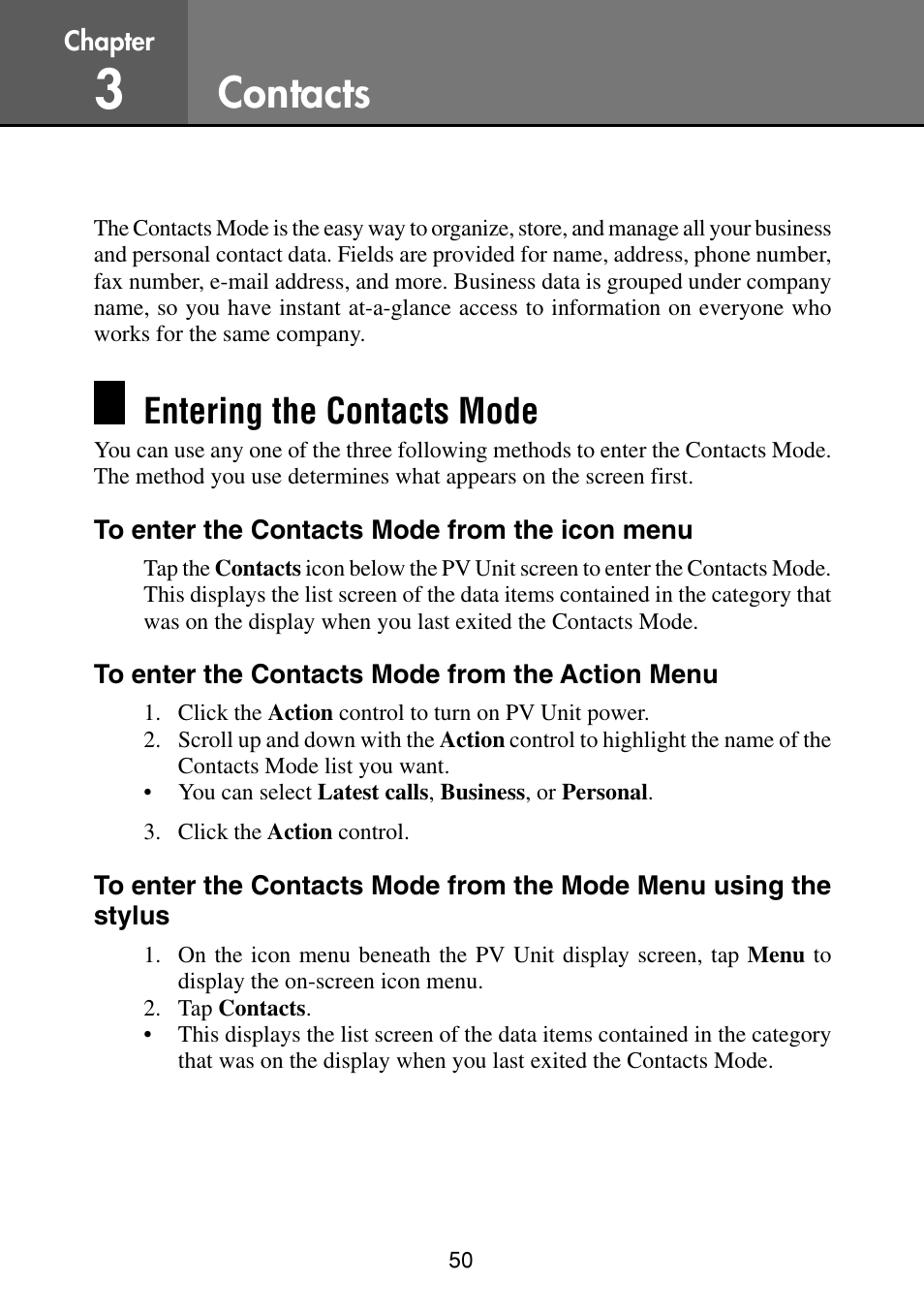 Contacts, Entering the contacts mode, To enter the contacts mode from the icon menu | To enter the contacts mode from the action menu | Casio PV-S460/PV-S660 User Manual | Page 52 / 187
