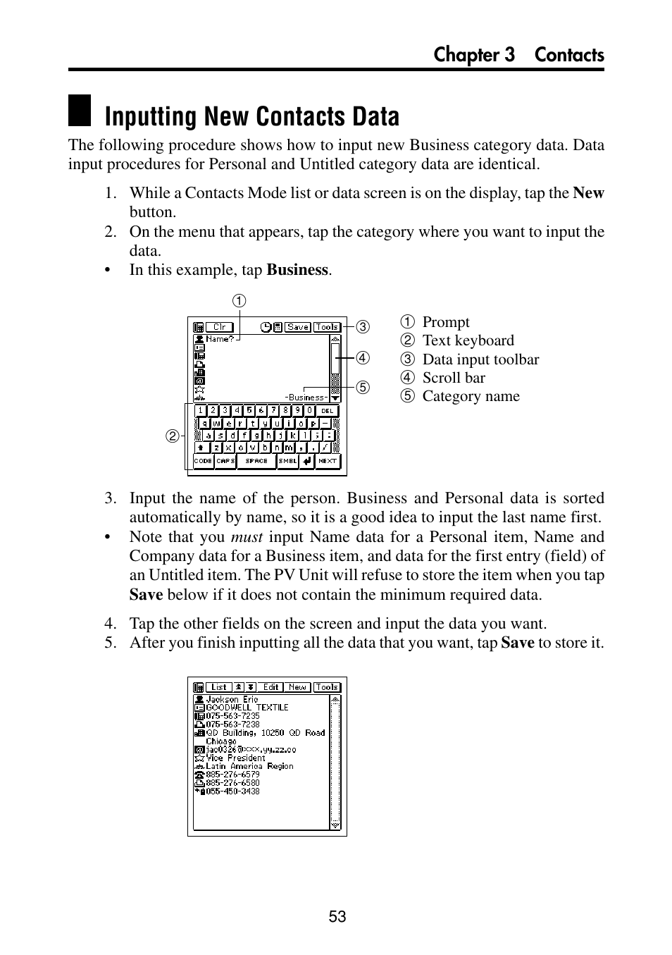 Inputting new contacts data, Chapter 3 contacts | Casio PV-S460/PV-S660 User Manual | Page 55 / 187