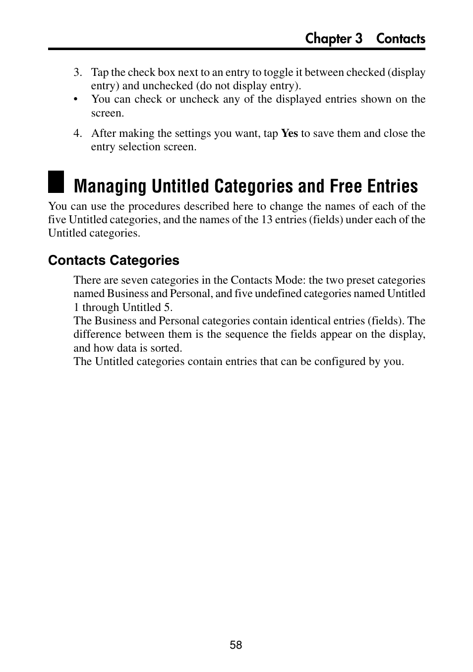 Managing untitled categories and free entries, Contacts categories | Casio PV-S460/PV-S660 User Manual | Page 60 / 187