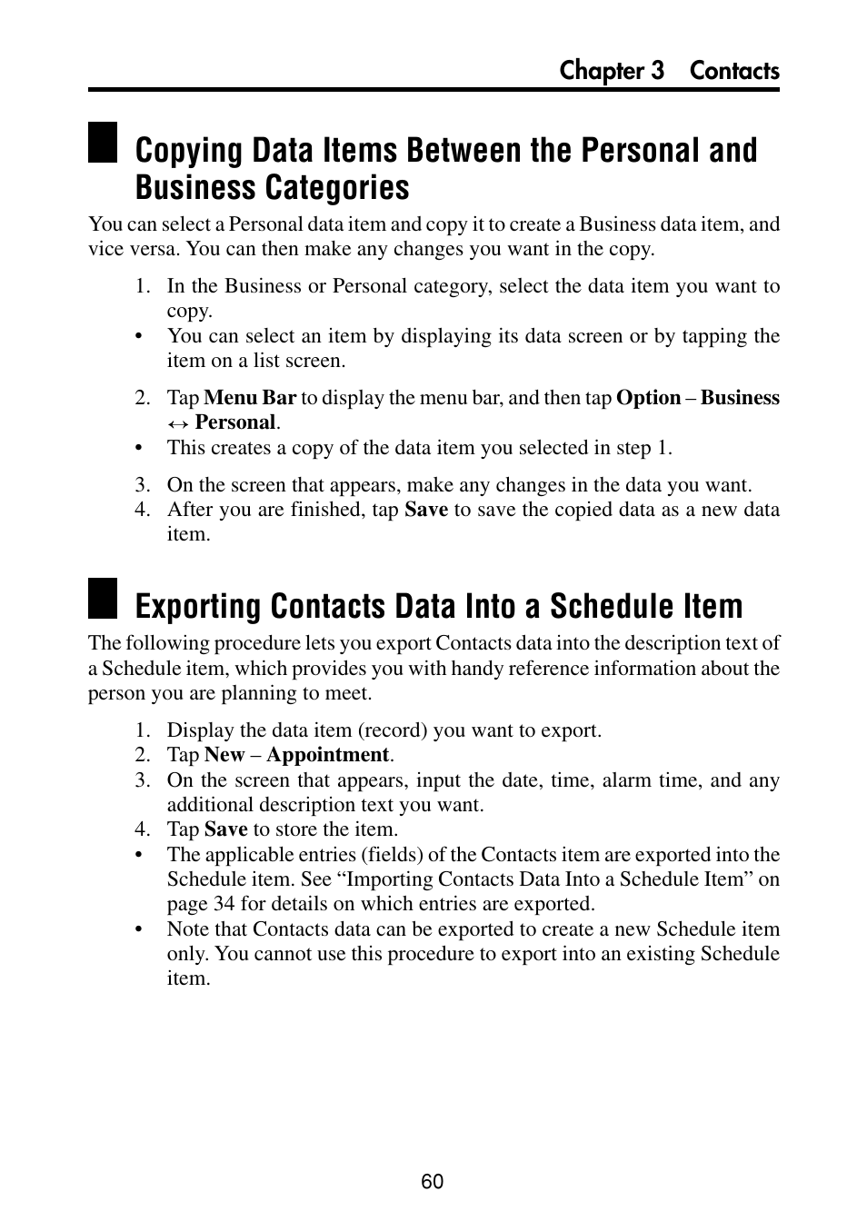 Exporting contacts data into a schedule item | Casio PV-S460/PV-S660 User Manual | Page 62 / 187