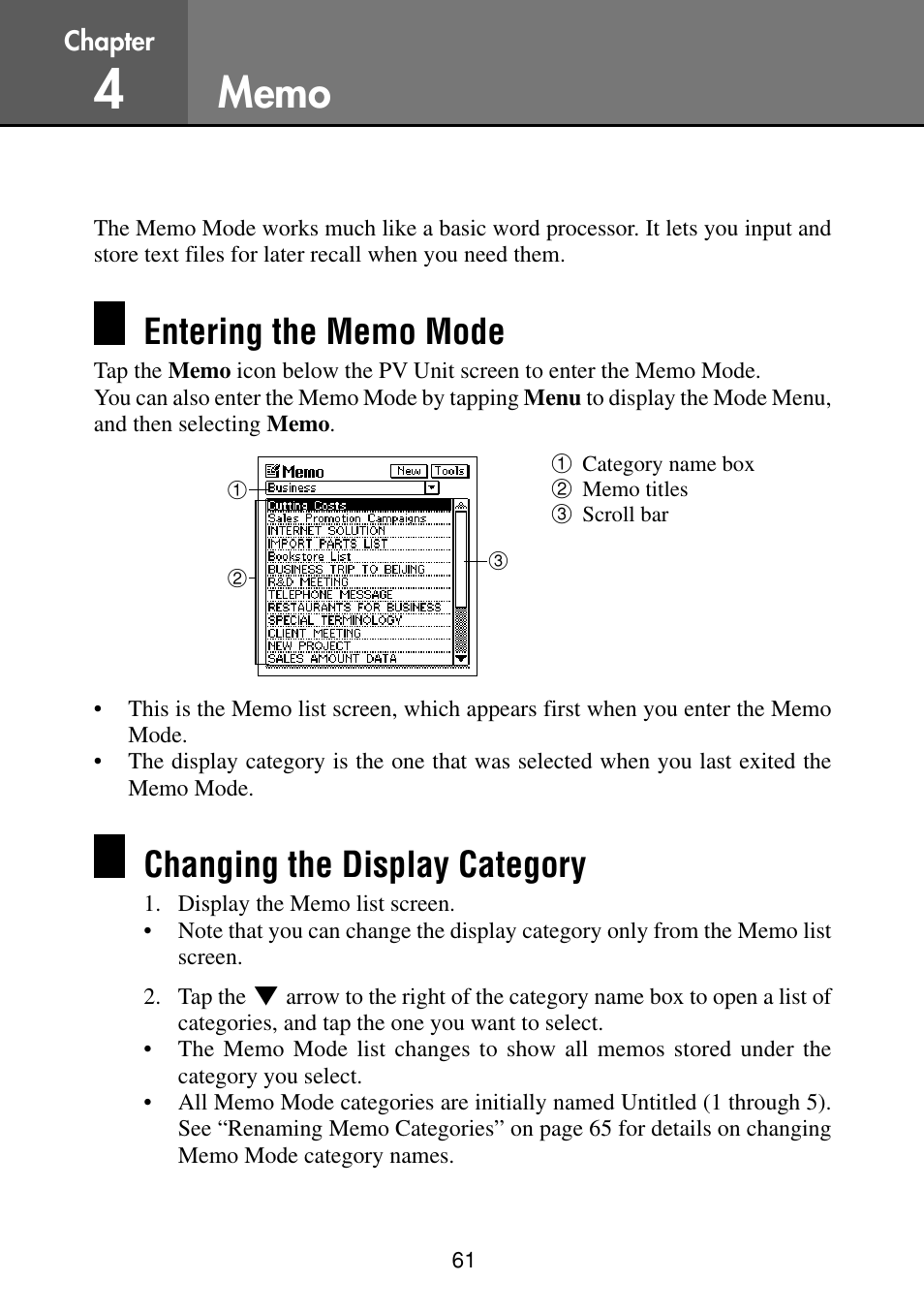 Memo, Entering the memo mode, Changing the display category | Casio PV-S460/PV-S660 User Manual | Page 63 / 187