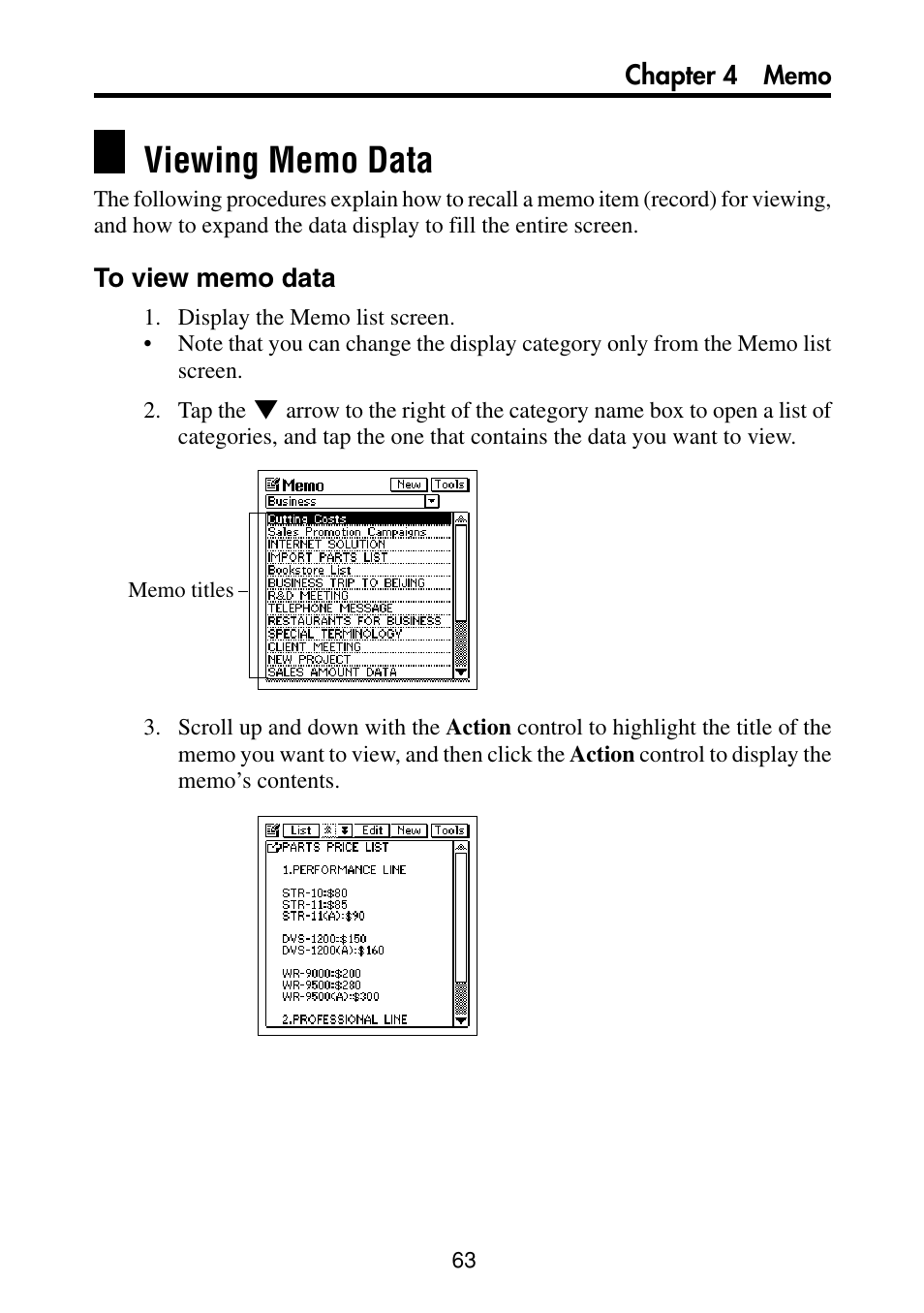 Viewing memo data, To view memo data | Casio PV-S460/PV-S660 User Manual | Page 65 / 187