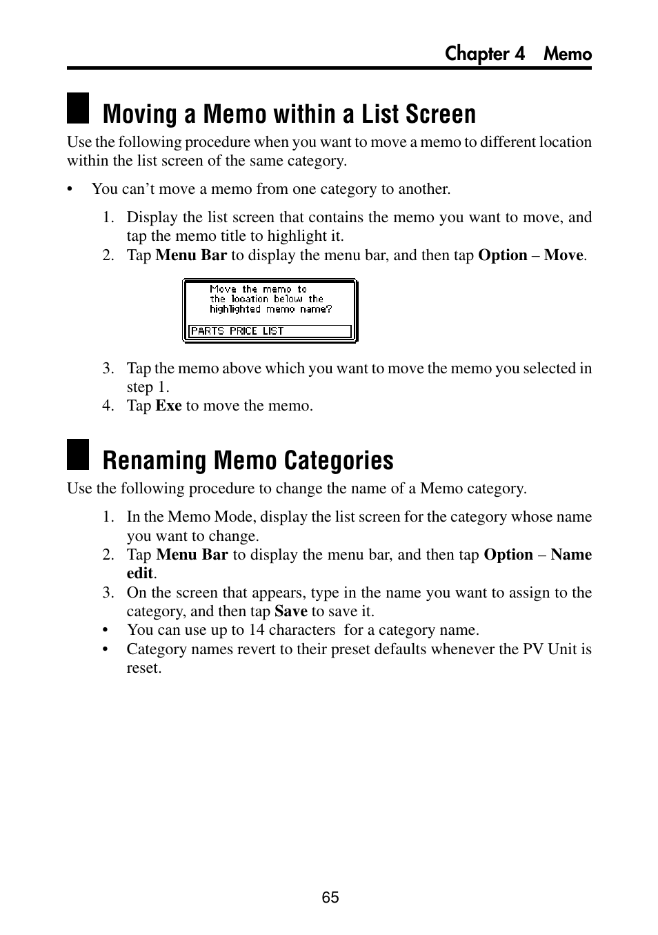 Moving a memo within a list screen, Renaming memo categories | Casio PV-S460/PV-S660 User Manual | Page 67 / 187