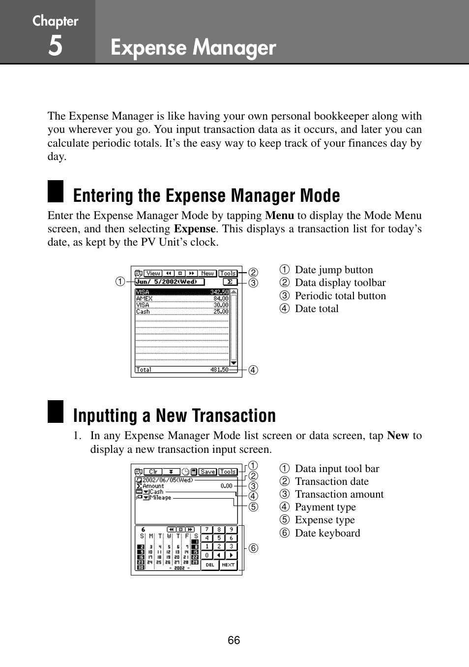 Expense manager, Entering the expense manager mode, Inputting a new transaction | Casio PV-S460/PV-S660 User Manual | Page 68 / 187