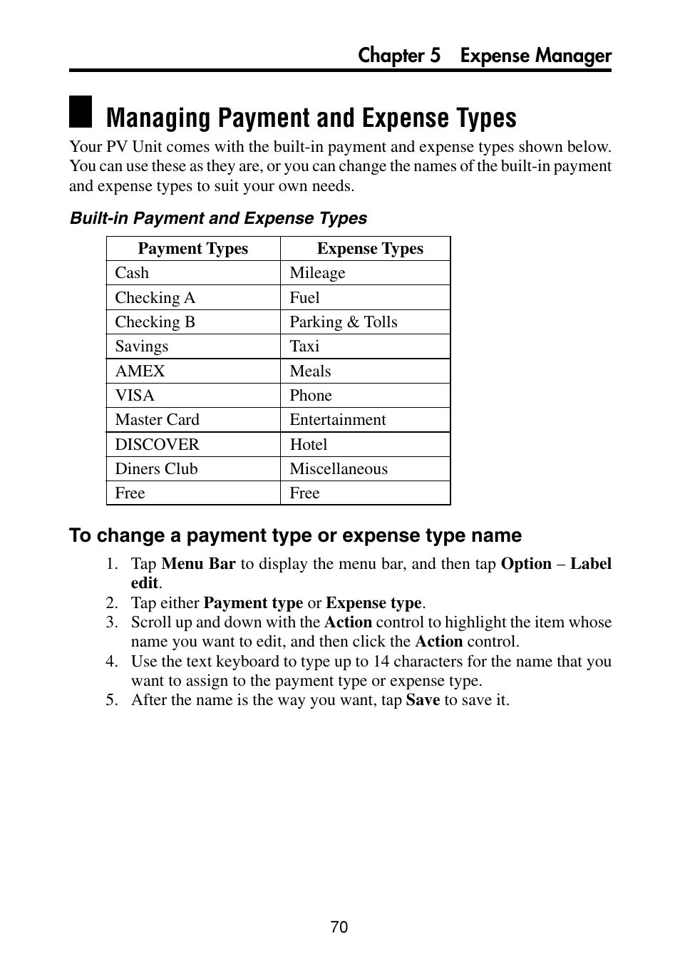 Managing payment and expense types, To change a payment type or expense type name | Casio PV-S460/PV-S660 User Manual | Page 72 / 187