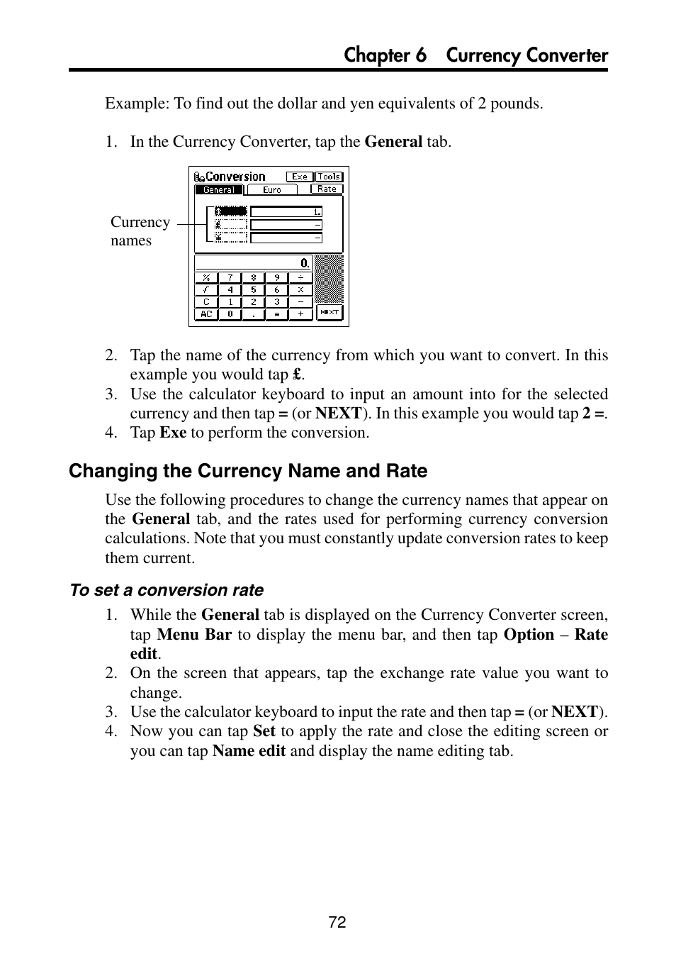 Changing the currency name and rate, Chapter 6 currency converter | Casio PV-S460/PV-S660 User Manual | Page 74 / 187