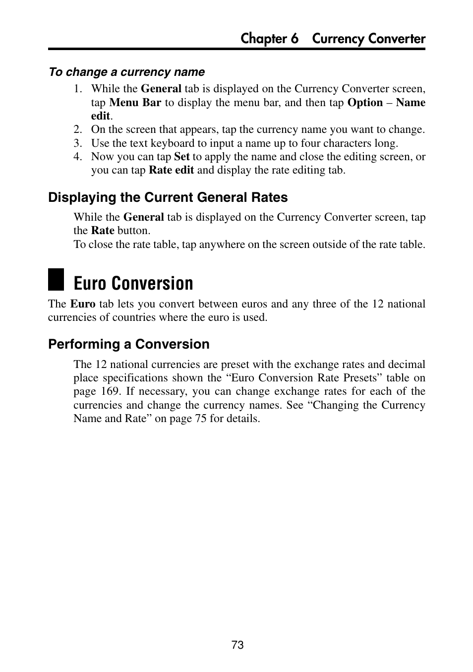 Displaying the current general rates, Euro conversion, Performing a conversion | Casio PV-S460/PV-S660 User Manual | Page 75 / 187