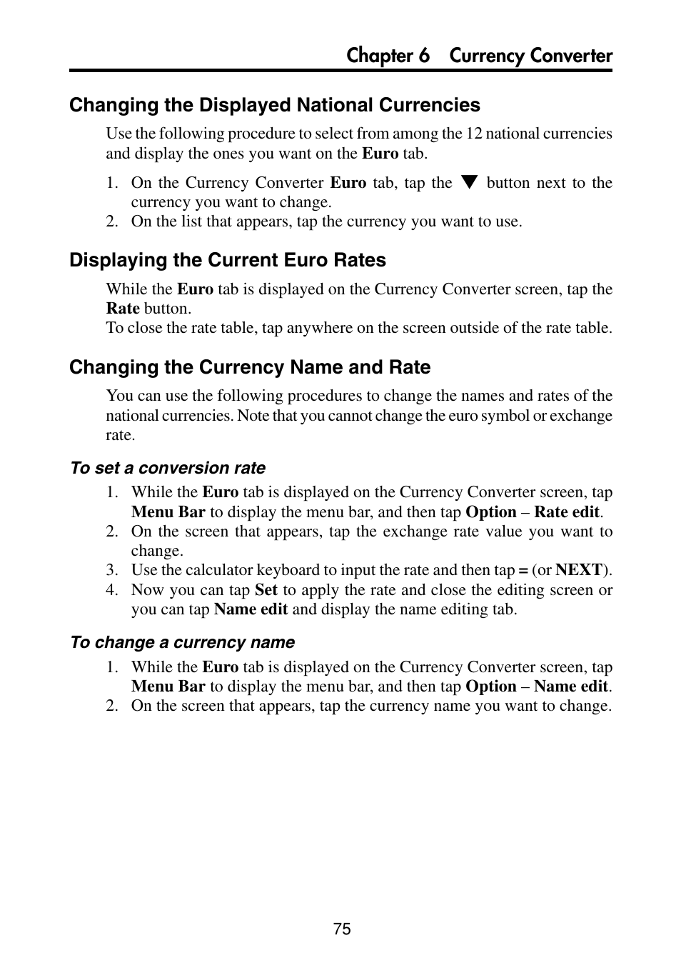 Changing the displayed national currencies, Displaying the current euro rates, Changing the currency name and rate | Casio PV-S460/PV-S660 User Manual | Page 77 / 187