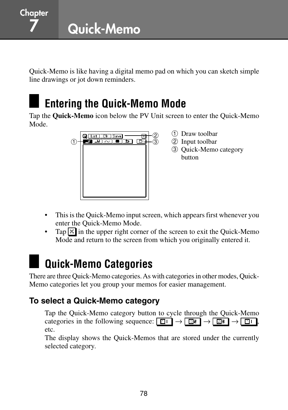 Quick-memo, Entering the quick-memo mode, Quick-memo categories | To select a quick-memo category | Casio PV-S460/PV-S660 User Manual | Page 80 / 187