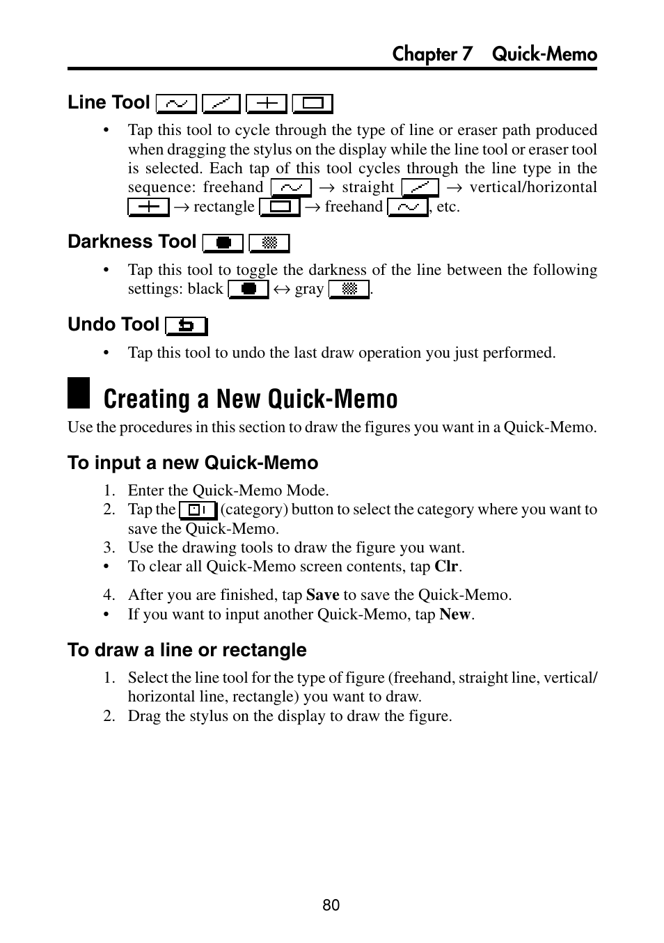 Creating a new quick-memo, To input a new quick-memo, To draw a line or rectangle | Casio PV-S460/PV-S660 User Manual | Page 82 / 187