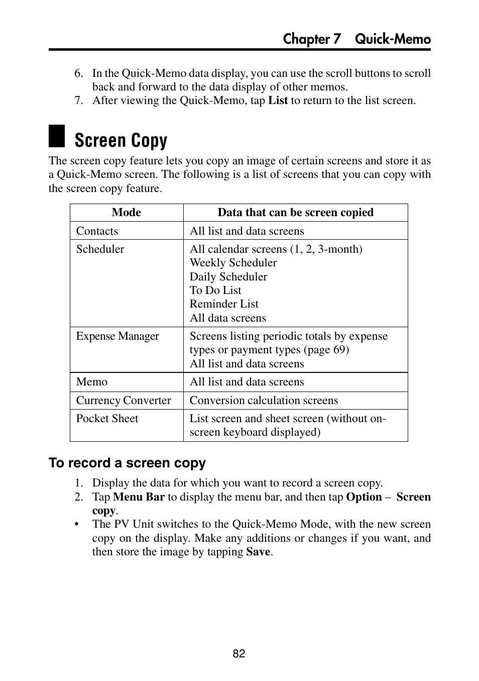 Screen copy, To record a screen copy | Casio PV-S460/PV-S660 User Manual | Page 84 / 187