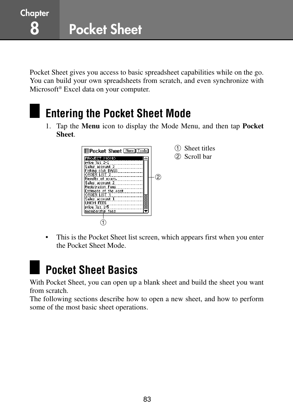 Pocket sheet, Entering the pocket sheet mode, Pocket sheet basics | Casio PV-S460/PV-S660 User Manual | Page 85 / 187