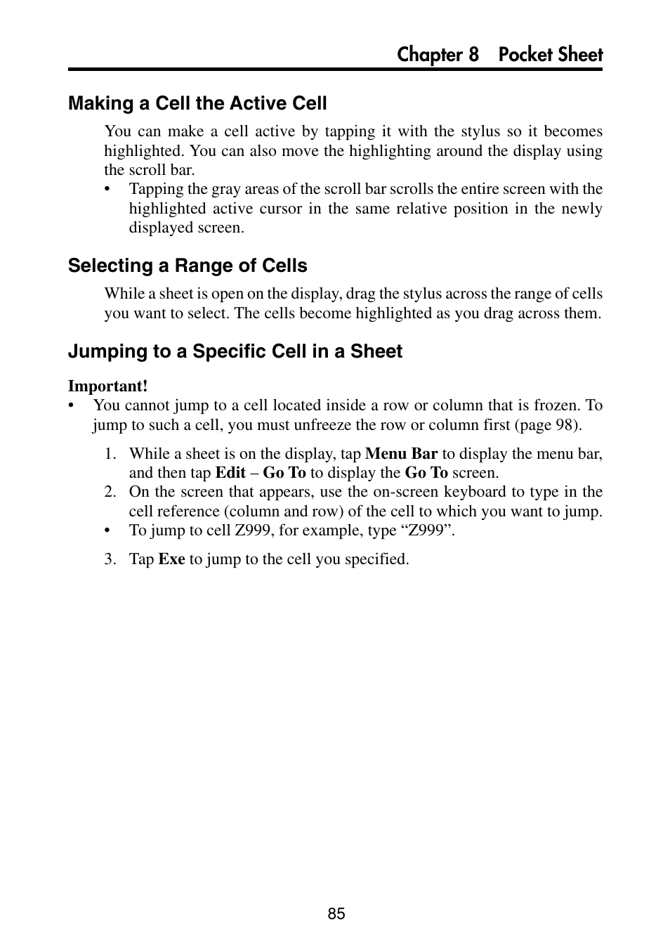 Making a cell the active cell, Selecting a range of cells, Jumping to a specific cell in a sheet | Casio PV-S460/PV-S660 User Manual | Page 87 / 187