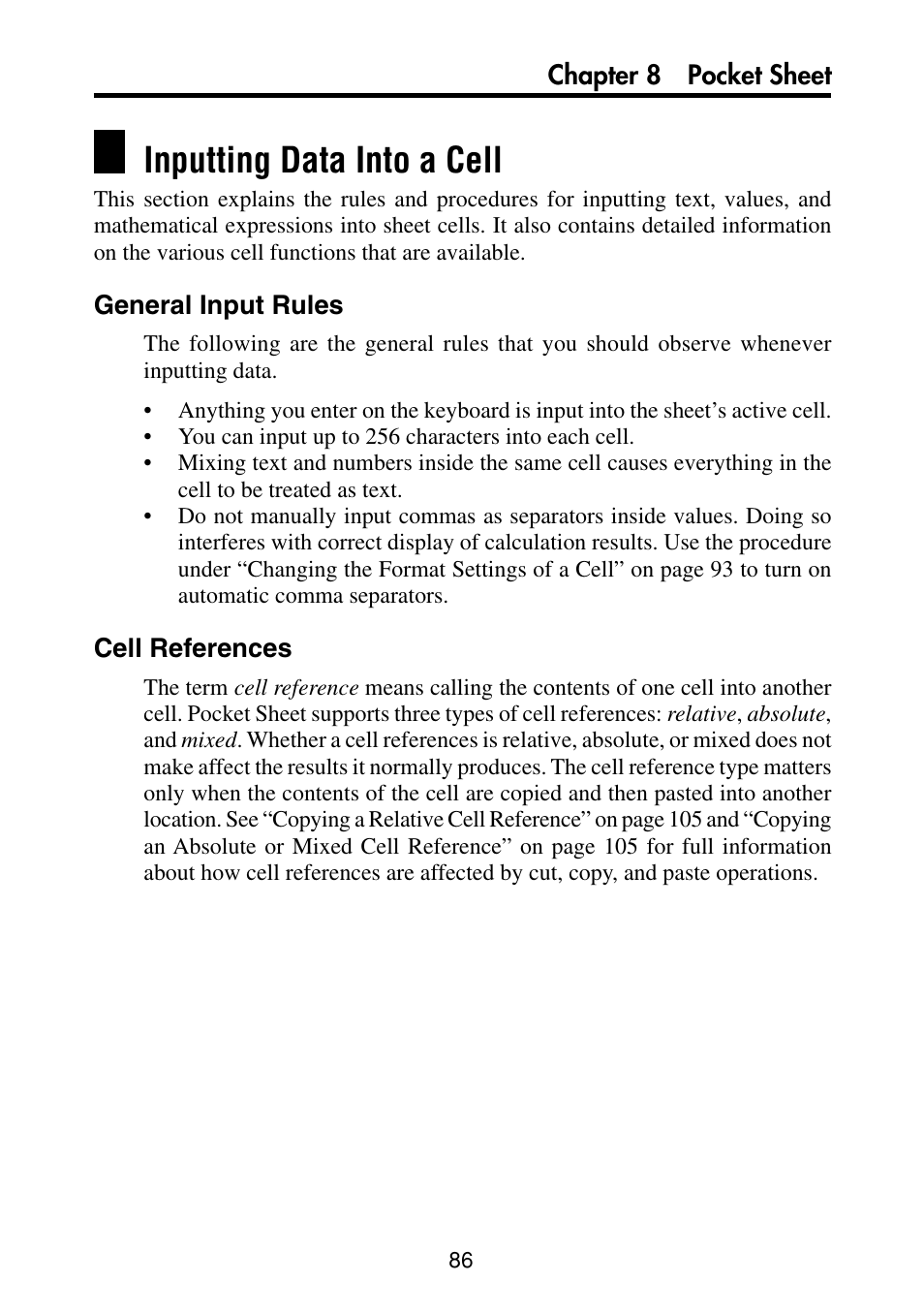 Inputting data into a cell, General input rules, Cell references | Casio PV-S460/PV-S660 User Manual | Page 88 / 187