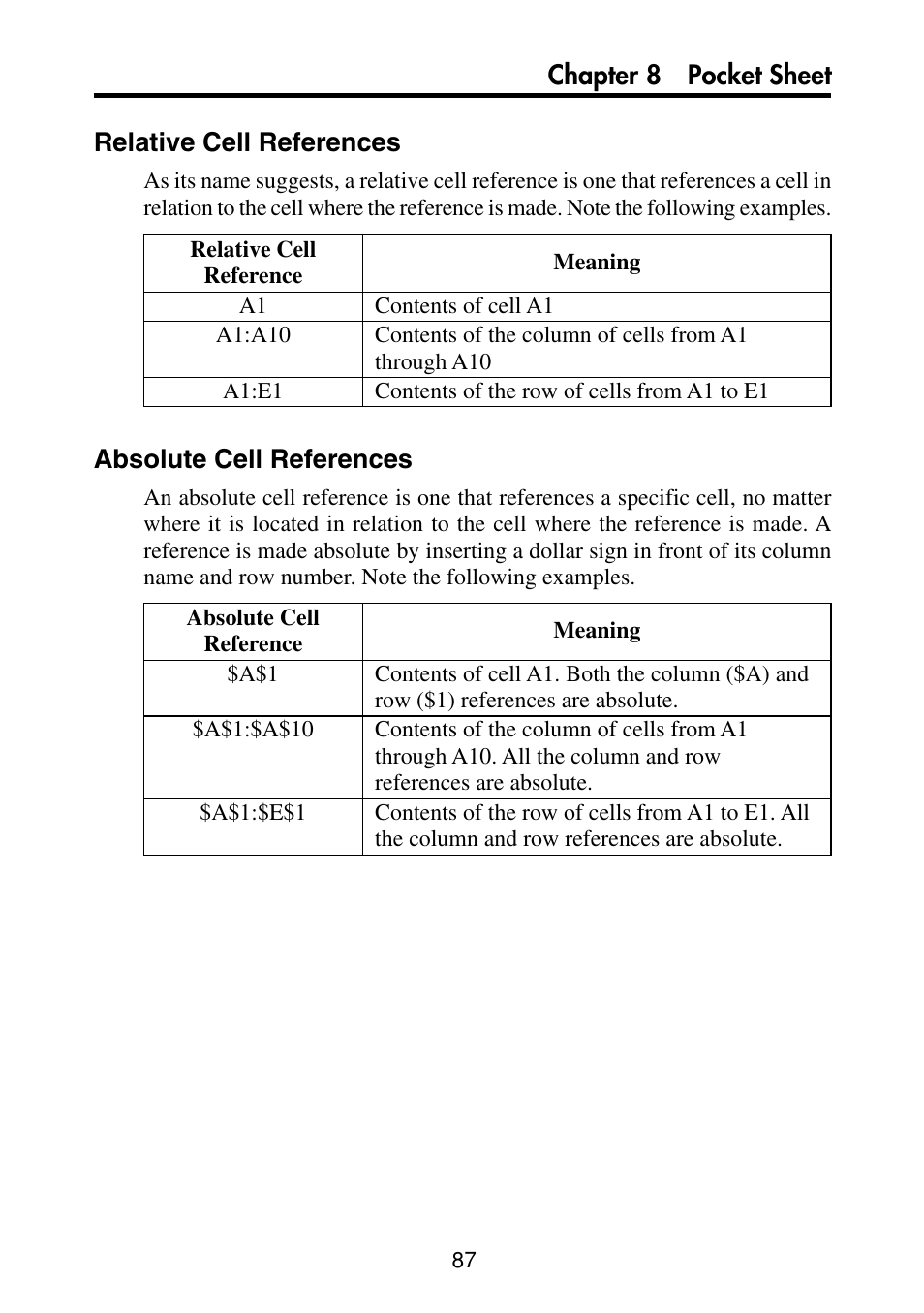 Relative cell references, Absolute cell references | Casio PV-S460/PV-S660 User Manual | Page 89 / 187