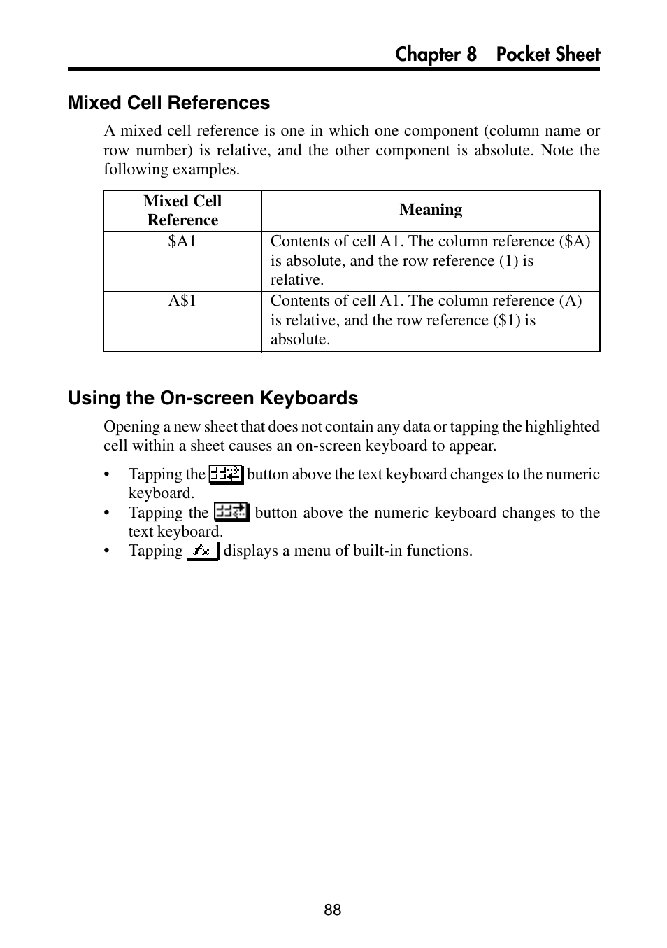 Mixed cell references, Using the on-screen keyboards, Chapter 8 pocket sheet mixed cell references | Casio PV-S460/PV-S660 User Manual | Page 90 / 187