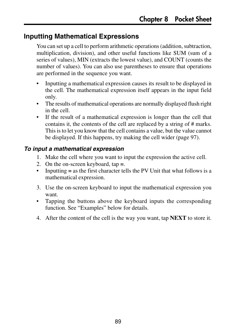 Inputting mathematical expressions | Casio PV-S460/PV-S660 User Manual | Page 91 / 187
