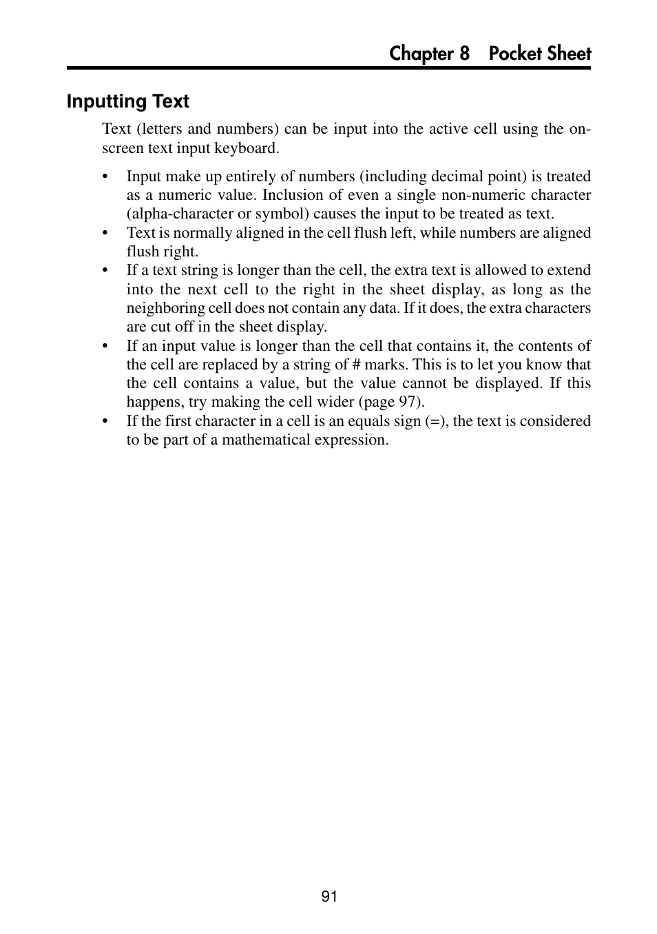 Inputting text, Chapter 8 pocket sheet inputting text | Casio PV-S460/PV-S660 User Manual | Page 93 / 187