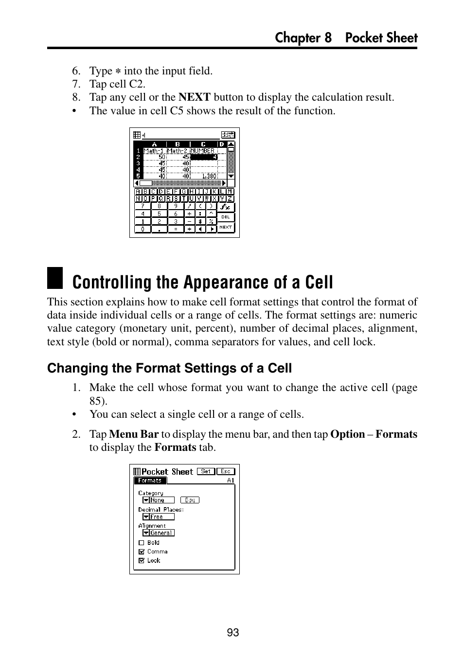 Controlling the appearance of a cell, Changing the format settings of a cell | Casio PV-S460/PV-S660 User Manual | Page 95 / 187