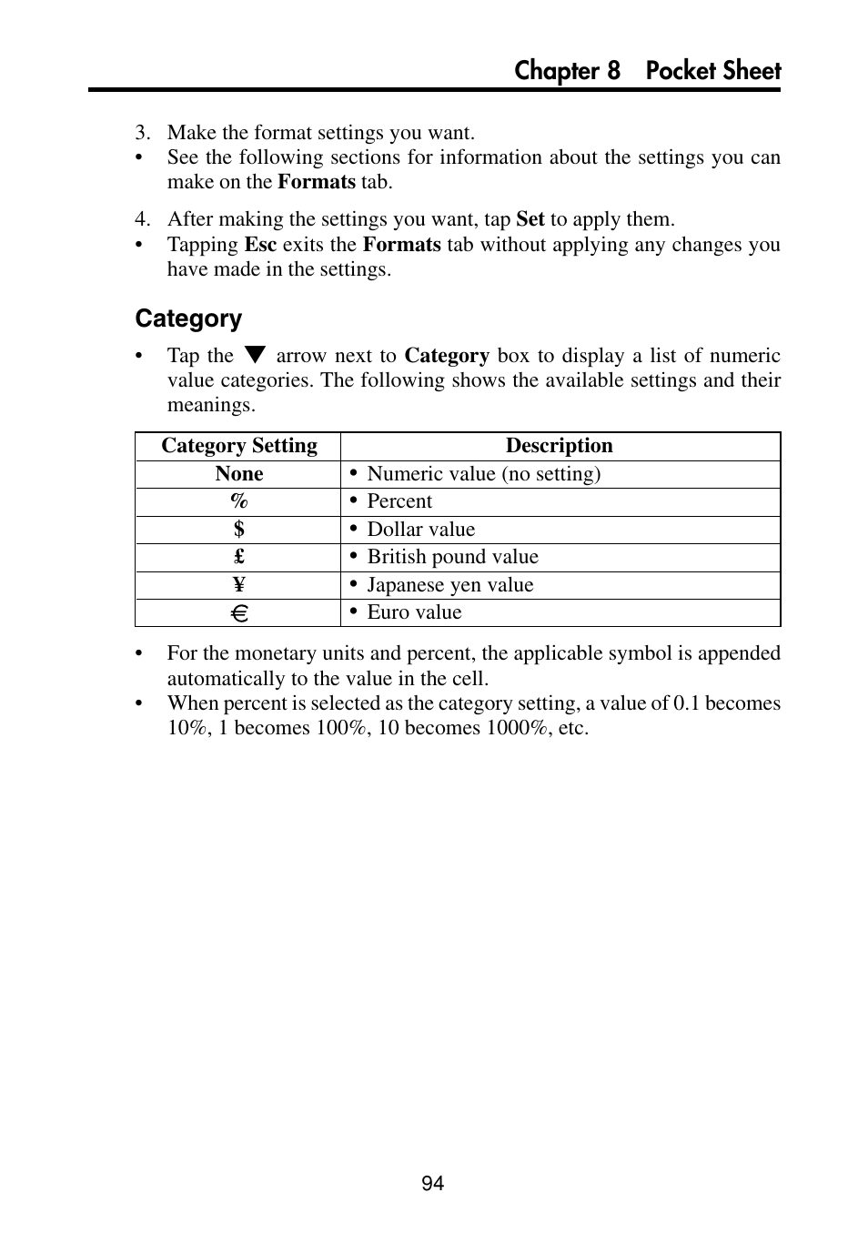 Chapter 8 pocket sheet, Category | Casio PV-S460/PV-S660 User Manual | Page 96 / 187