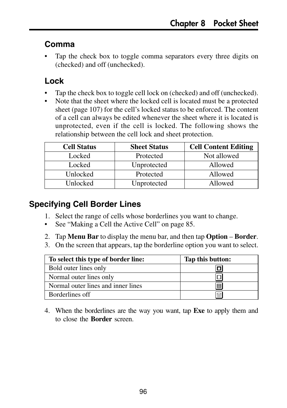 Specifying cell border lines, Chapter 8 pocket sheet comma, Lock | Casio PV-S460/PV-S660 User Manual | Page 98 / 187