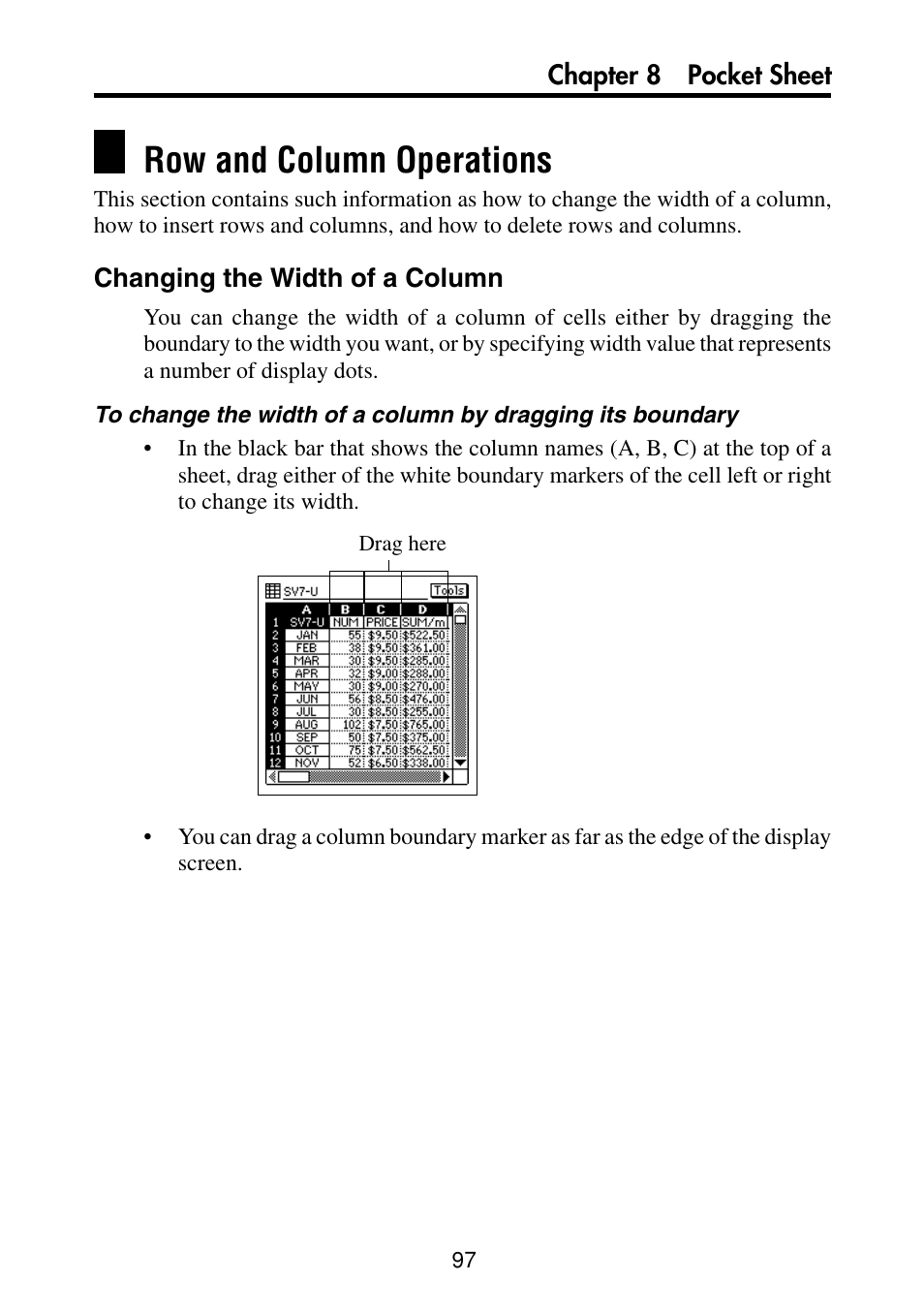 Row and column operations, Changing the width of a column | Casio PV-S460/PV-S660 User Manual | Page 99 / 187