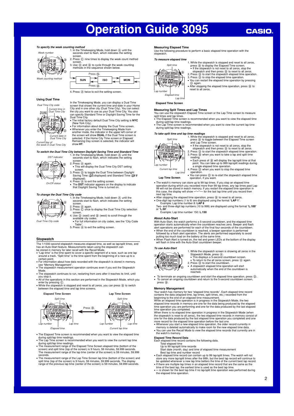 Stopwatch, Operation guide 3095 | Casio 3095 User Manual | Page 2 / 5