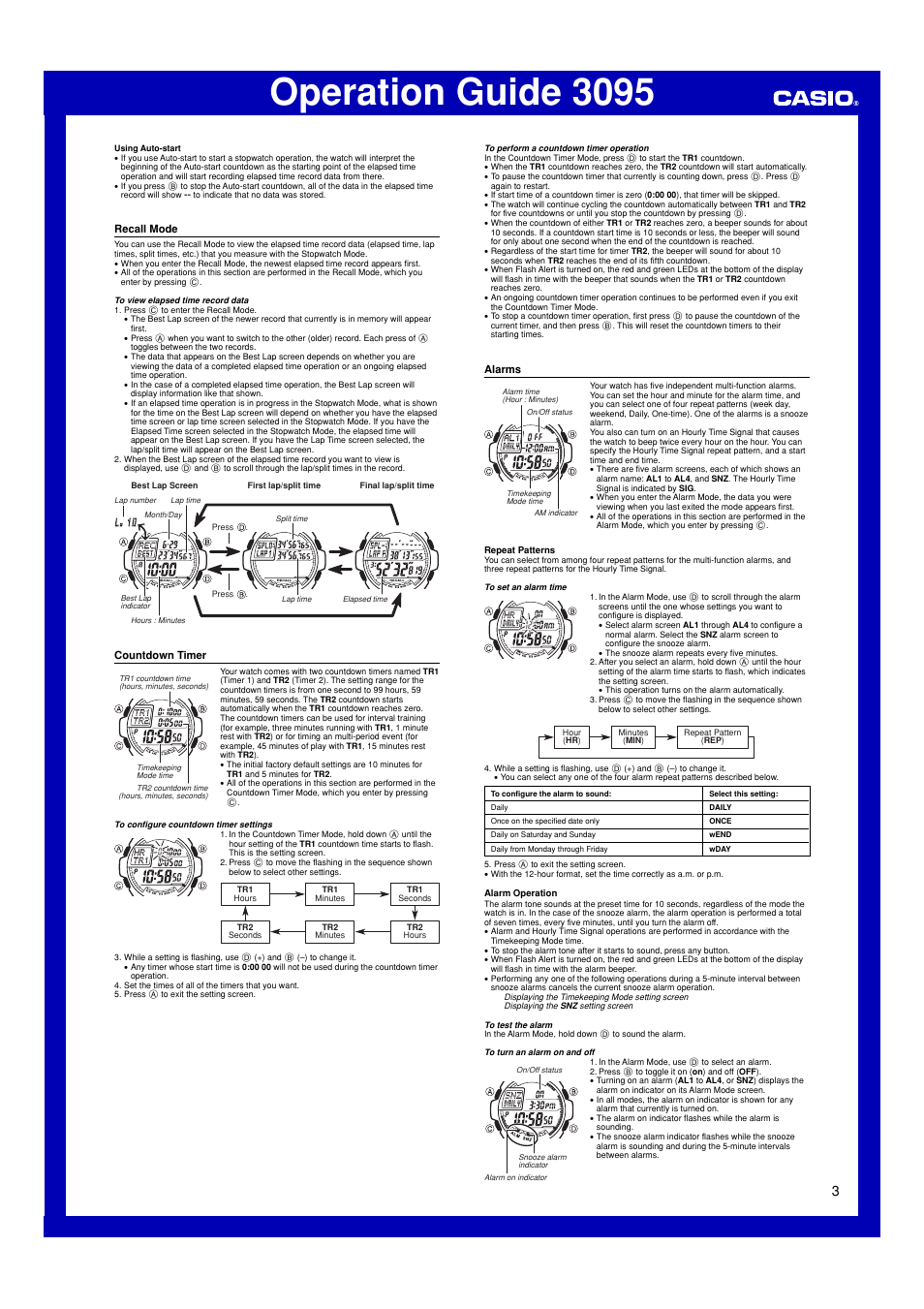 Recall mode, Countdown timer, Alarms | Operation guide 3095 | Casio 3095 User Manual | Page 3 / 5
