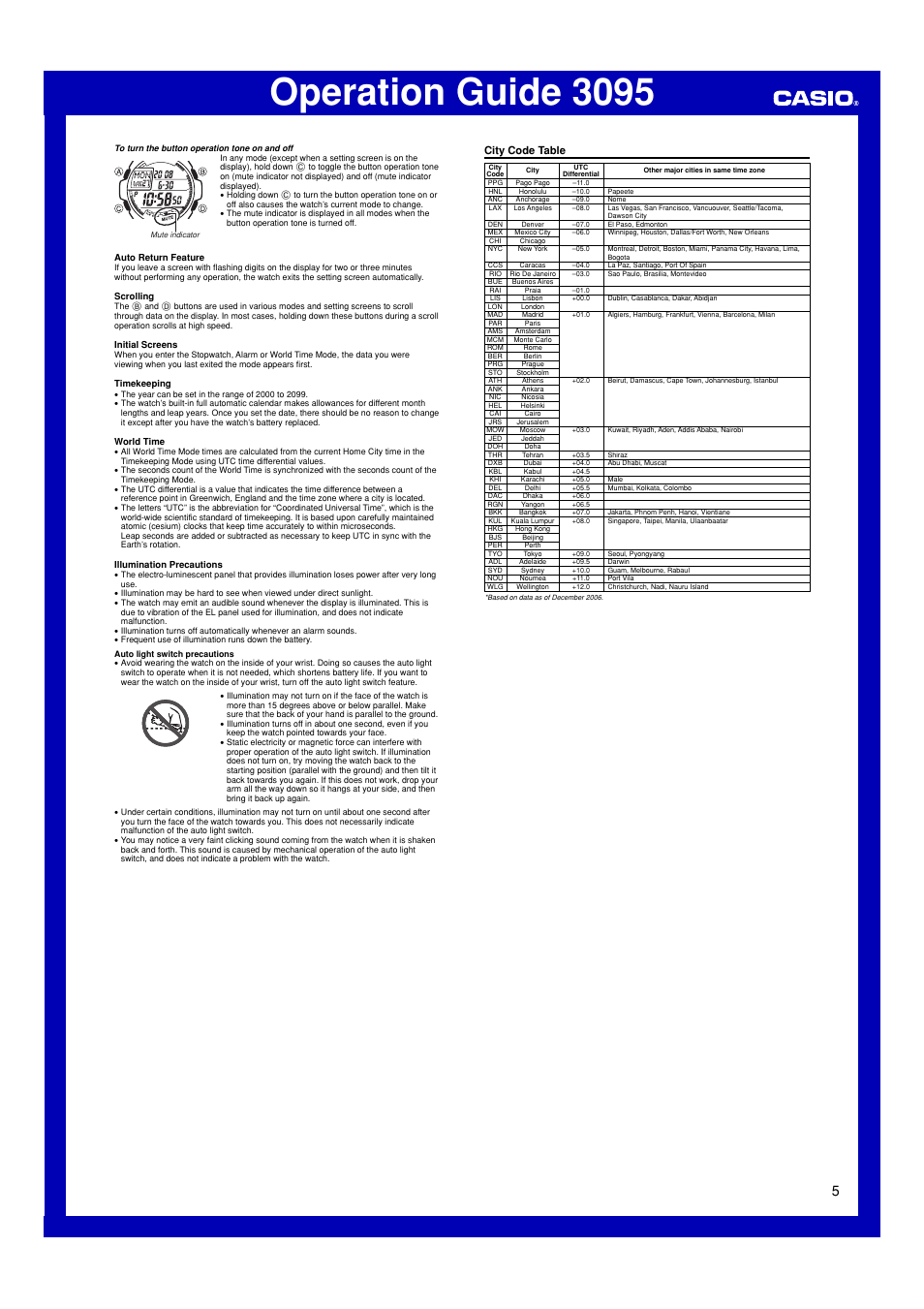 City code table, Operation guide 3095 | Casio 3095 User Manual | Page 5 / 5