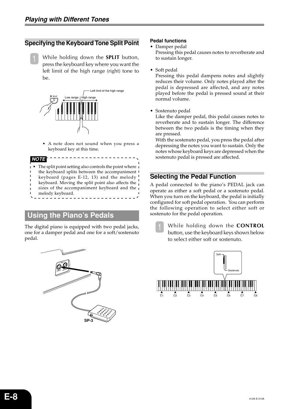 Using the piano’s pedals, Playing with different tones, Specifying the keyboard tone split point | Selecting the pedal function | Casio Privia PX-100 User Manual | Page 10 / 31