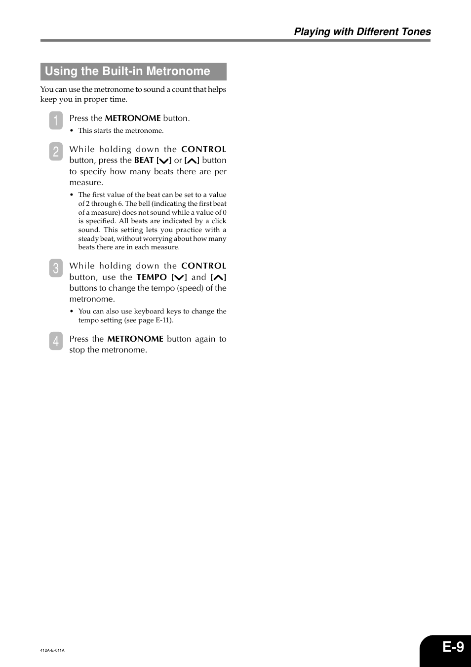 Using the built-in metronome | Casio Privia PX-100 User Manual | Page 11 / 31