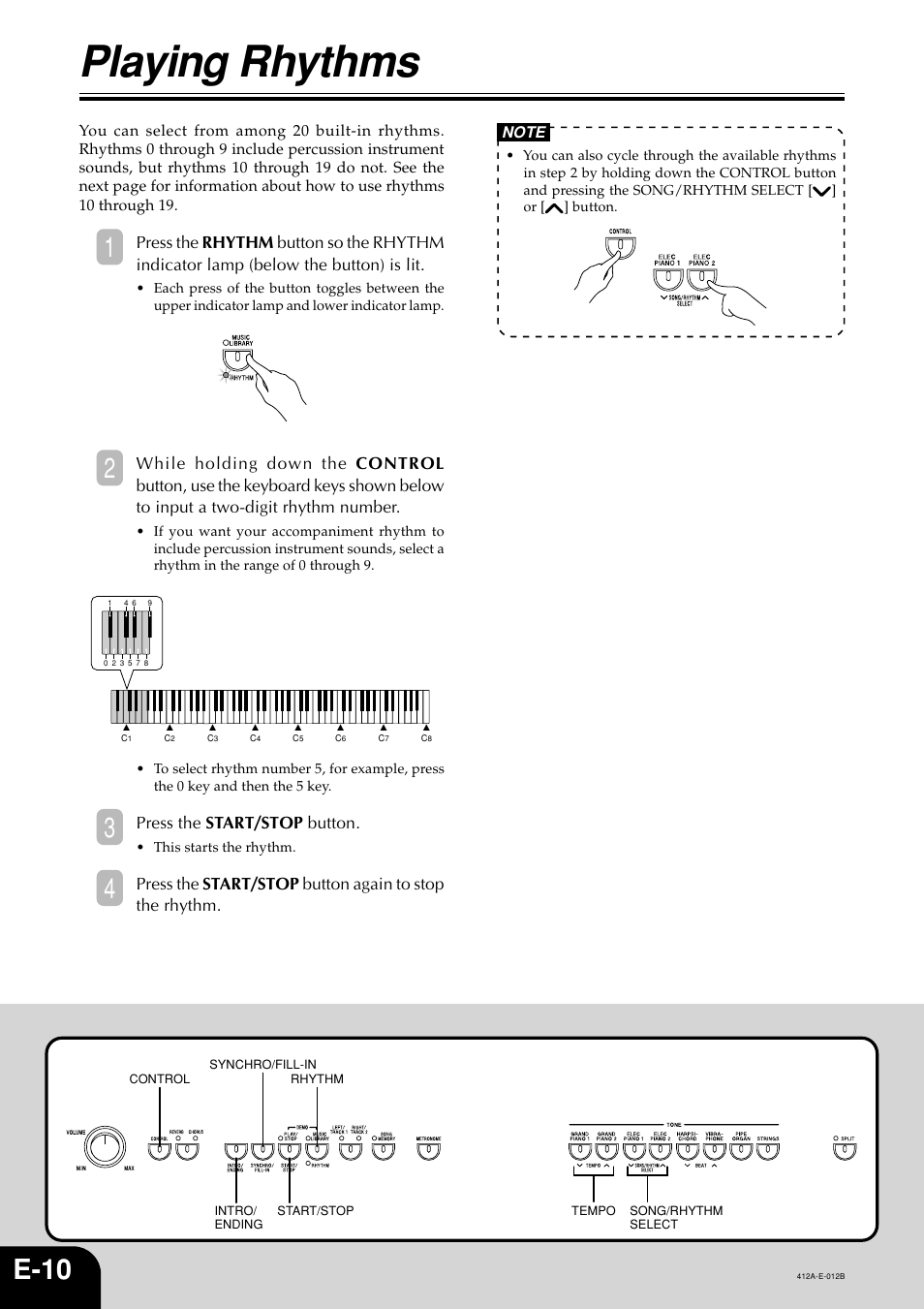 Playing rhythms, E-10, Press the start/stop button | Casio Privia PX-100 User Manual | Page 12 / 31