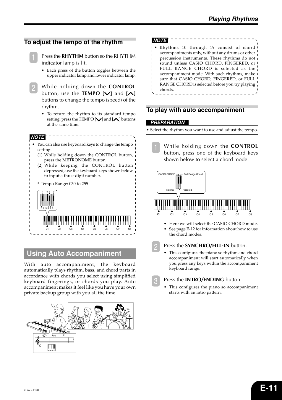 E-11, Using auto accompaniment, Playing rhythms | Press the synchro/fill-in button, Press the intro/ending button, Preparation | Casio Privia PX-100 User Manual | Page 13 / 31