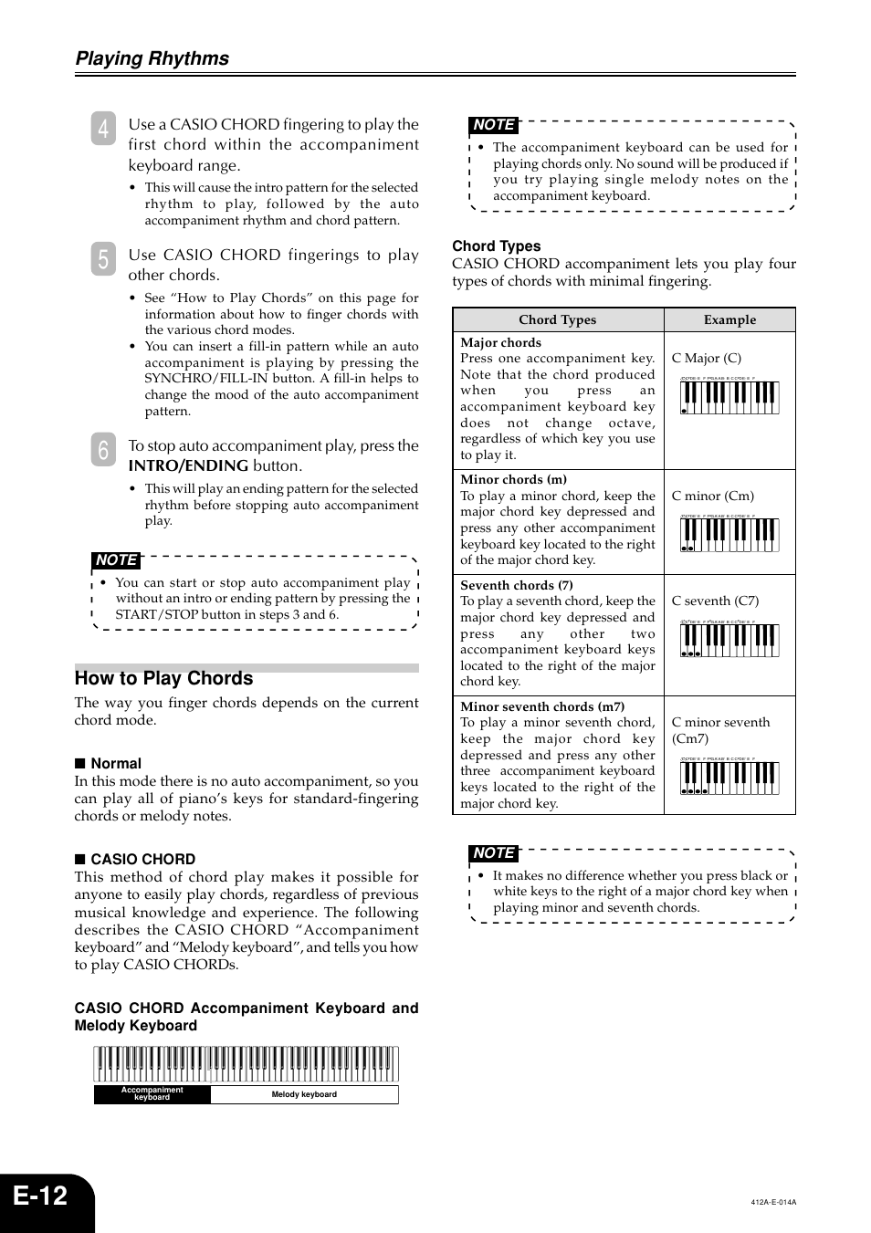 E-12, Playing rhythms, How to play chords | Use casio chord fingerings to play other chords, C minor (cm), C seventh (c7), C minor seventh (cm7) | Casio Privia PX-100 User Manual | Page 14 / 31