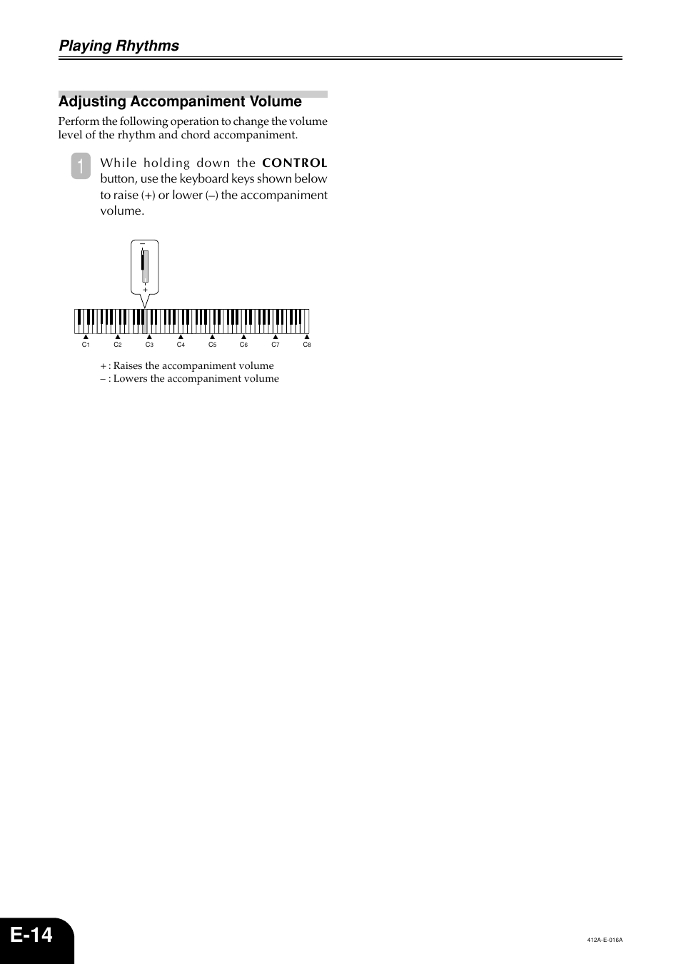 E-14, Playing rhythms, Adjusting accompaniment volume | Casio Privia PX-100 User Manual | Page 16 / 31