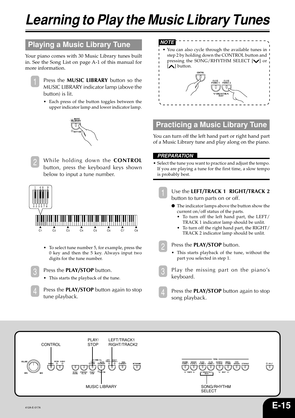 Learning to play the music library tunes, E-15, Playing a music library tune | Practicing a music library tune | Casio Privia PX-100 User Manual | Page 17 / 31
