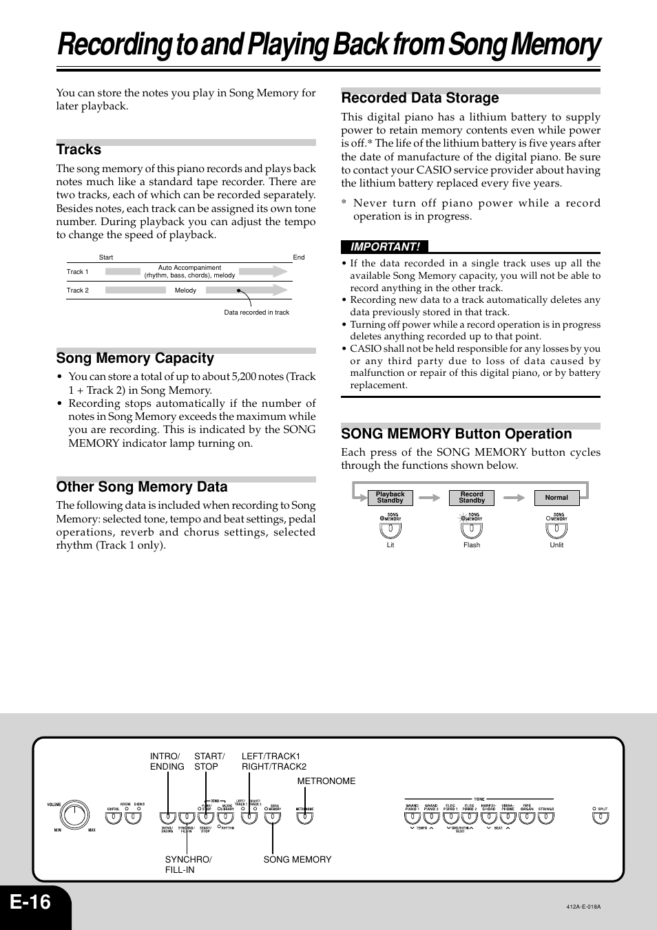E-16, Tracks, Recorded data storage | Casio Privia PX-100 User Manual | Page 18 / 31