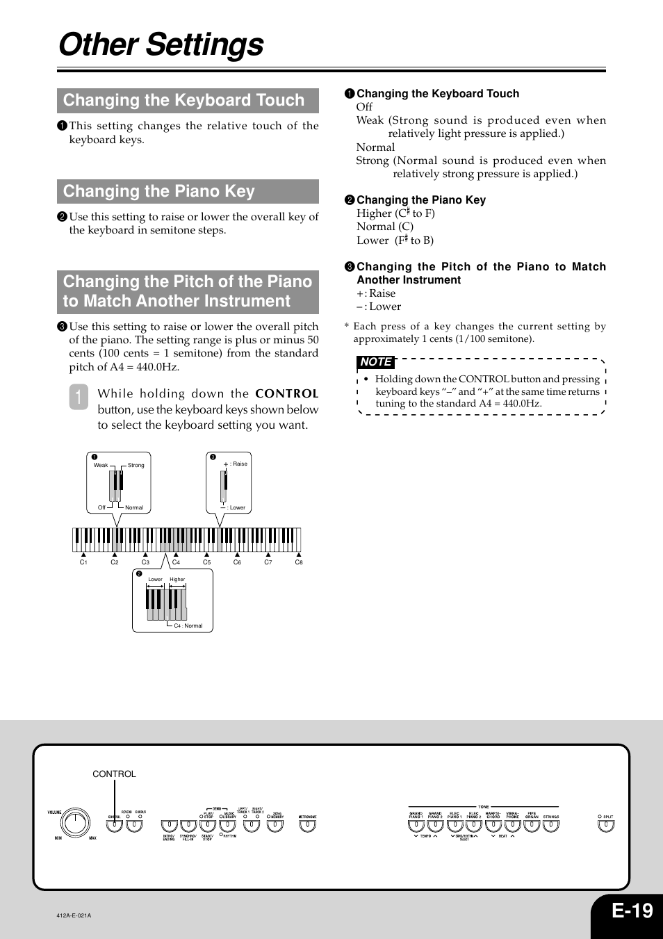 Other settings, E-19, Changing the keyboard touch | Changing the piano key | Casio Privia PX-100 User Manual | Page 21 / 31