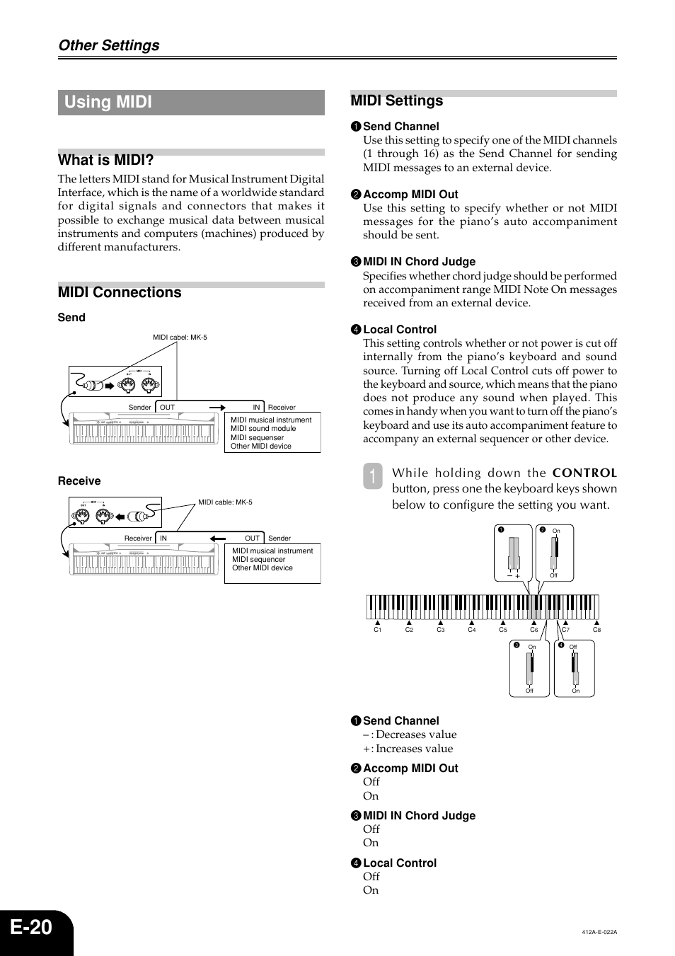 E-20, Using midi, Other settings | What is midi, Midi connections, Midi settings, Send receive | Casio Privia PX-100 User Manual | Page 22 / 31
