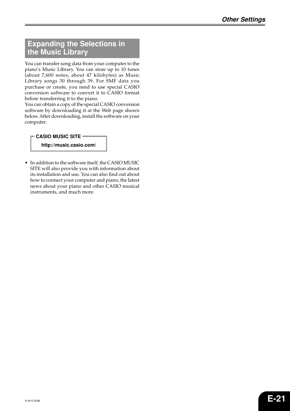 E-21, Expanding the selections in the music library | Casio Privia PX-100 User Manual | Page 23 / 31