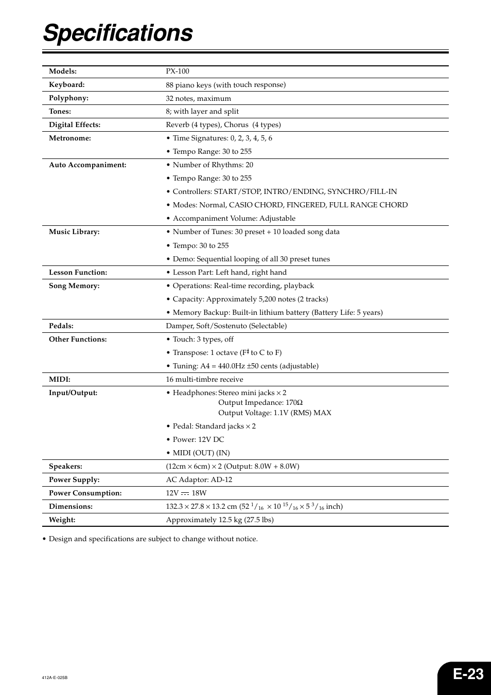 Specifications, E-23 | Casio Privia PX-100 User Manual | Page 25 / 31