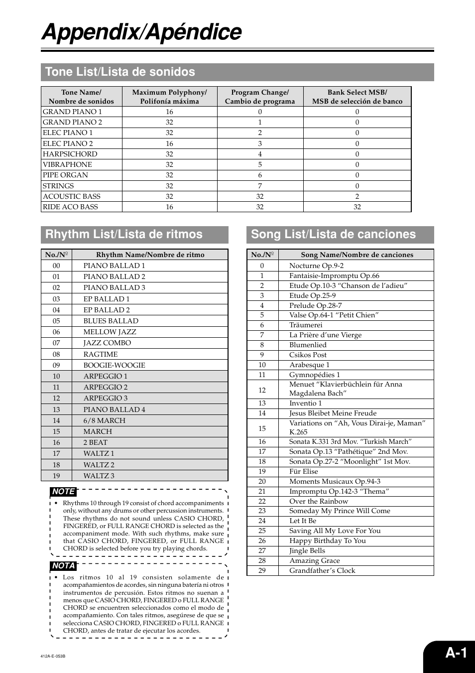 Appendix/apéndice, Tone list/lista de sonidos | Casio Privia PX-100 User Manual | Page 28 / 31