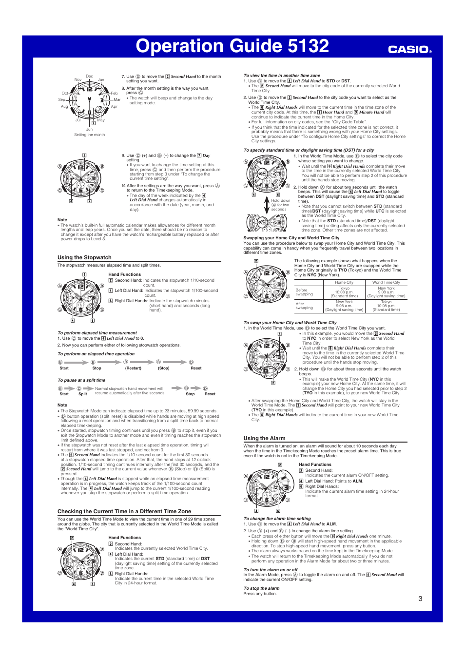 Using the stopwatch, Checking the current time in a different time zone, Using the alarm | Operation guide 5132 | Casio 5132 User Manual | Page 3 / 4