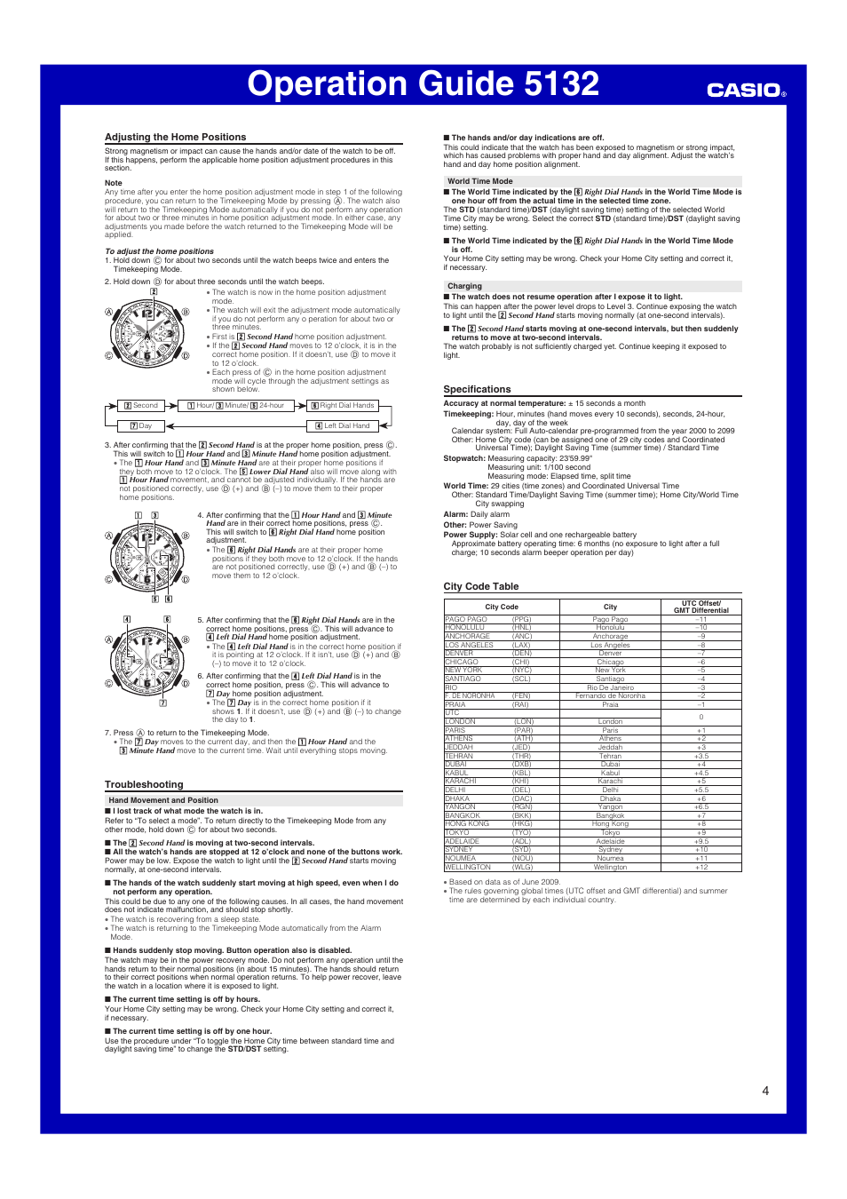 Adjusting the home positions, Troubleshooting, Specifications | City code table, Operation guide 5132 | Casio 5132 User Manual | Page 4 / 4