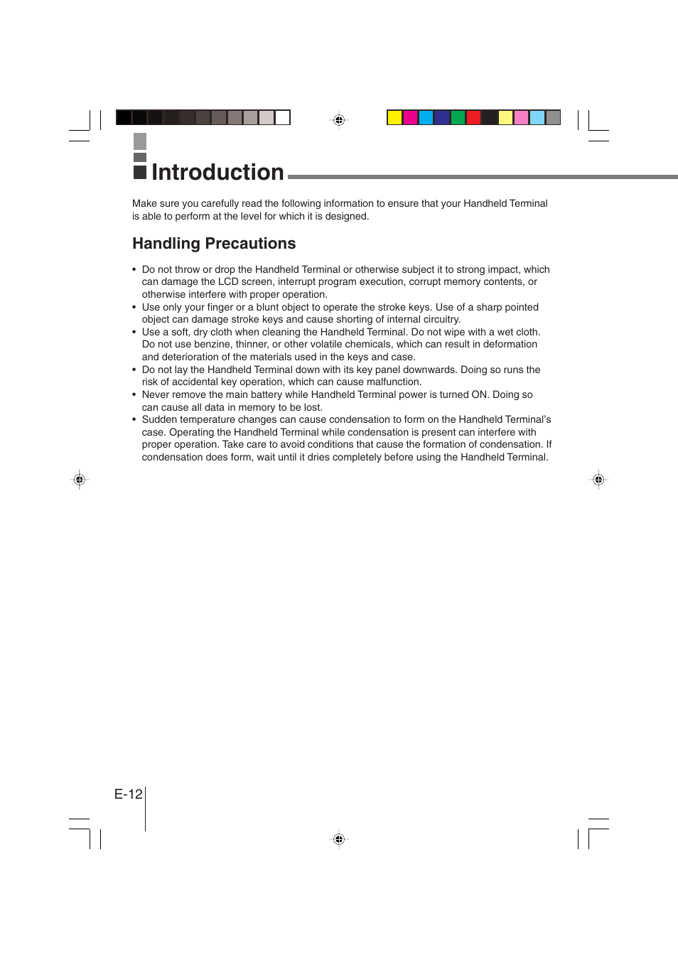 Introduction, Handling precautions | Casio DT-930 User Manual | Page 12 / 68