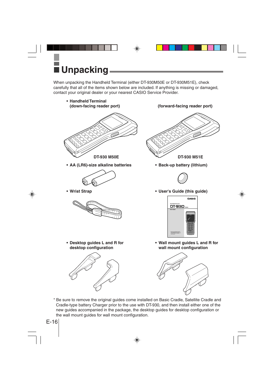Unpacking, E-16 | Casio DT-930 User Manual | Page 16 / 68