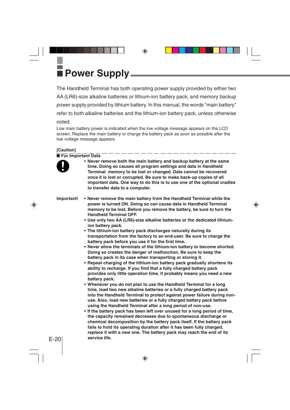 Power supply, E-20 | Casio DT-930 User Manual | Page 20 / 68